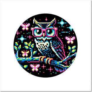 Cyberpunk Owl Art - Neon Nightscape Pixel Illustration Posters and Art
